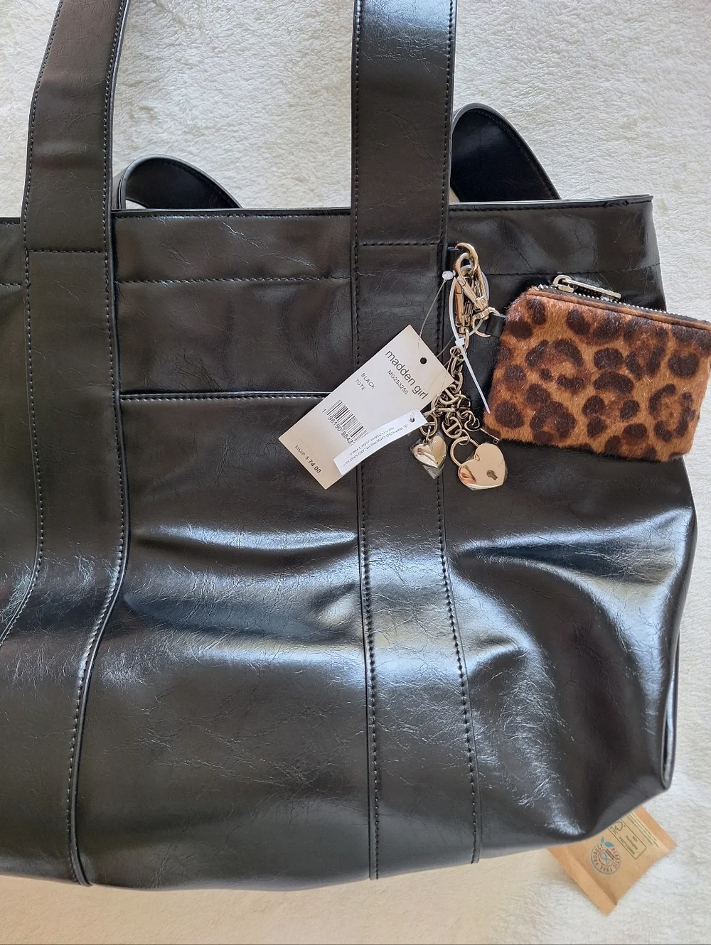 NWT Madden Girl Black Crinkle Tote Set + Leopard Pouch & Heart Charms